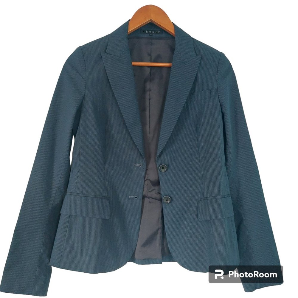 Theory Blazer Navy Blue Fitted Pinstripes Women Size 6 Cotton Lined Pockets USA